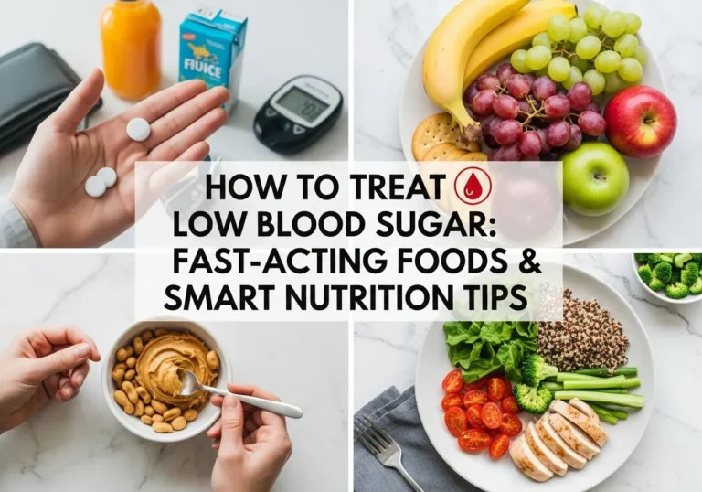 Generate a Pinterest-optimized, high-quality vertical Pin for 'How to Treat low Blood sugar level Fast-Acting Foods & Smart Nutrition Tips'. Arrange a 2x2 collage of 4 images with bold text in the center.. Keep aspect ratio 23, high-resolution, Pinterest-friendly, scroll-stopping.